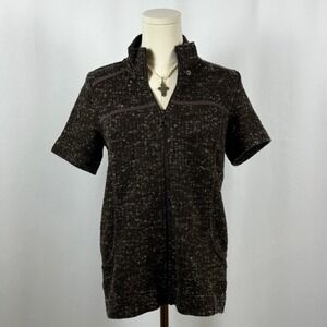 CECIL Short Sleeve Zip Up Knit Sweater Women's Size S Speckled Brown